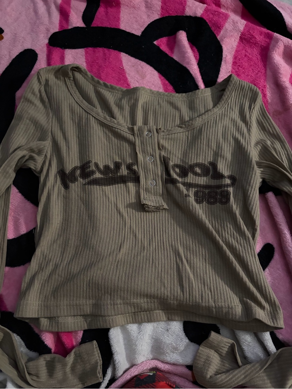 Graphic Henley Ribbed Crop Top in Olive with Button Placket